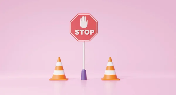 Red octagon pole label warning symbol with hand stop and cone on pink background. traffic alert safety concept. precaution, beware danger, prohibit, isolated. 3d render illustration