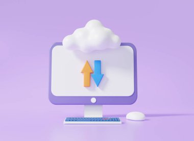 Mor arkaplana sahip bulut depolama bilgi okuyla bilgisayar modeli. Teknoloji dijital konseptine ev sahipliği yapıyor. Minimum çizgi film. 3d resimleme