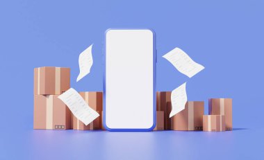 Çevrimiçi ödemeler faturası yüzüyor ve paket kutusunu akıllı telefon model beyaz ekran işlem konseptine yığıyor. Mor arka planda internet üzerinden alışveriş ücreti. karikatür 3D çizim çizimi