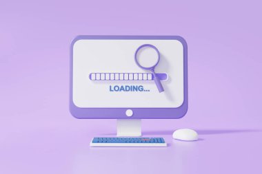 SEO ya da Arama Motoru optimizasyon dijital pazarlama konsepti. Büyüme web sistemi analizleri mor pastel arka planda arama sözcüğü bilgi bilgisayarına tıklıyor. 3d resimleme