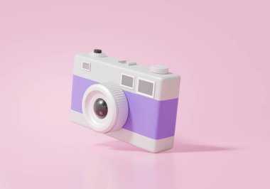 Pembe arka planda yüzen klasik kamera simgesi. memo image memory travel photography concept. çizgi film minimumu sembol, kopyalama alanı. 3d resimleme