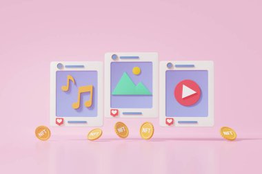 3D render NFT veya iadesiz jeton, Crypto sikkeleri müzik, resim, video, dijital sanat konsepti satın alır, satar, satar. pembe arka planda süzülüyor. resimleme.
