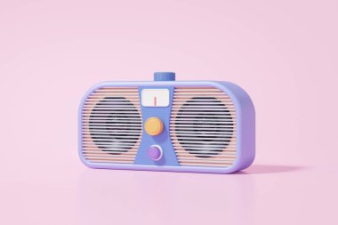 Pembe pastel arkaplan, müzik dalgası medya bağlantısı, afiş, kopyalama alanı, 3D resimleme üzerine minimal çizgi film tarzı eski radyo vintage
