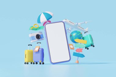 Çanta kamerası ve uçuş uçağı. akıllı telefondan online rezervasyon hizmeti. Turizm planlama dünya turu, tatil gezisi yaz tatili konsepti. pankart, 3D resimleme