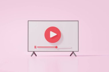 Pembe pastel arkaplan üzerinde 3D render TV modern çalma, çizgi film minimal stili, kablosuz medya bağlantısı, internet kanalı, video, pankart, kopya alanı, illüstrasyon