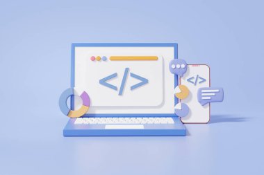 Modern kullanıcı arayüzü UI-UX tasarımı. Mobil sistem uygulama yazılım geliştirme kavramı. Akıllı telefon bağlantılarını programlıyorum. Çizgi film minimumu. 3d resimleme