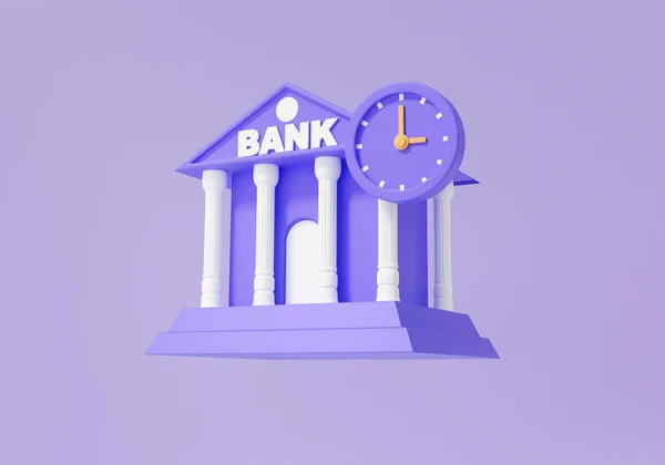 Clock with Bank building floating on purple background, banking open time deposit concept. Business investment finance, Savings money transaction security, cartoon minimal, 3d render illustration
