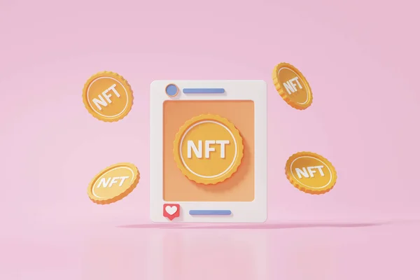 Nft或不可替换的标志 Crypto硬币区块链技术购买 销售图片数字艺术概念 在粉红色的背景上漂浮 3D渲染说明 — 图库照片