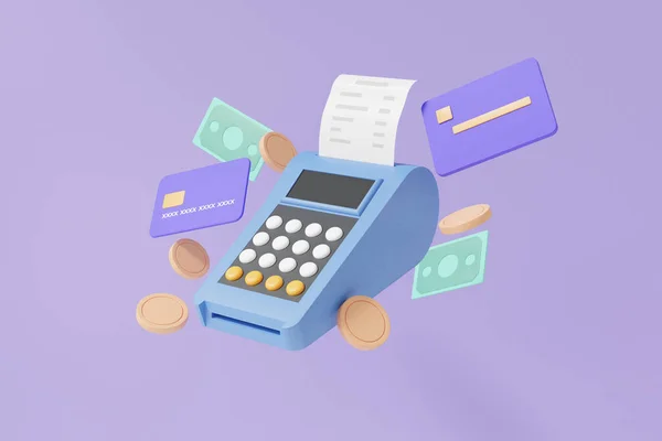 stock image Pos terminal and calculate with credit card floating, money payments concept. shopping, minimal cartoon cute smooth on purple background. 3d render illustration