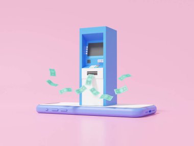 Para ödeme sistemi çevrimiçi konsept. Uygulama işlemleri için akıllı telefondan internet bankacılığı. Çizgi film minimumu. Teknoloji değiş tokuşu, afiş, 3D resimleme