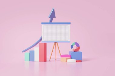 Grafik finans ekonomi analitiği. Büyüme hedefleme maliyeti azaltma yatırım eğitimi kavramı. Pembe arka plan, strateji, bantlı sunum. 3d resimleme