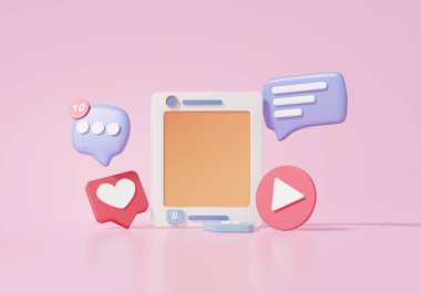 Digital marketing platform Social media concept with show photo video player frame and chat, like, comment on pink background, banner, cartoon minimal. 3d render illustration clipart