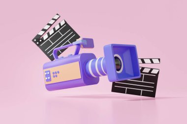 3 boyutlu klasik film kamerası ve pembe arka planda yüzen film alkışlama tahtası. Stüdyo profesyonel sinema kavramı. Eğlence. 3d resimleme