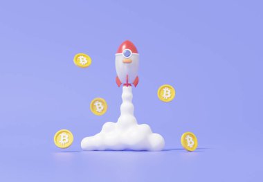 Minimum karikatür uzay gemisi roketi Ay 'a giden bitcoin kripto para birimi uçan kripto büyümesi hedefleme hisse senedi borsası finans yatırımı. Tüccar konsepti. 3d resimleme