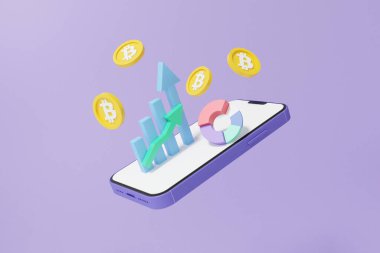 Kripto para ticareti btc veya bitcoin alım-satımı, mobil finans sektörü yatırımıyla. Büyüme istatistik tüccarı konsepti. Pankart,