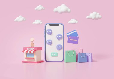 Pembe pastel arka planda mobil uygulama online alışveriş kavramı. Dükkan alışverişi, akıllı telefondan satış, indirimli promosyon satışı, reklam afişi, web sitesi. 3d resimleme