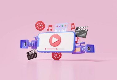 Mobil modern video, pembe arka planda film kamerası, eğlence medyası yaratıcı profesyonel, çizgi film minimal, internet, pankart, kopyalama alanı, 3D resimleme