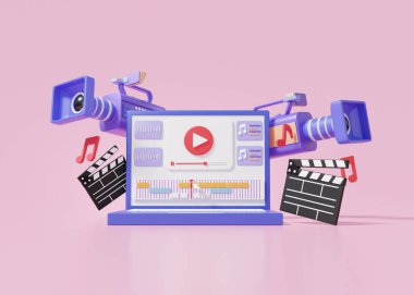 Laptop Mockup film kamerası video düzenleme ve bilgisayar aracılığıyla Sound Music 'i pembe arkaplan, hareket, vlog, film alkışlama tahtası, 3D çizim resimlemesi üzerinden yumuşatır.