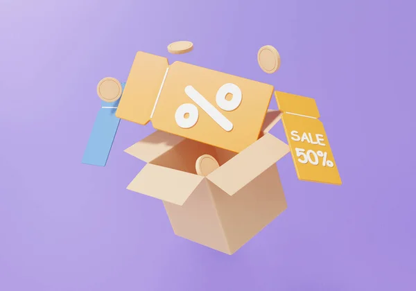 3Dレンダリング小包やオープンボックス割引クーポン紫色の背景に浮かんで プロモーション販売50 ショッピングオンラインコンセプト 最小限の漫画イラスト — ストック写真