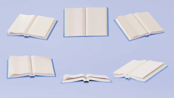 教育の概念を学ぶ執筆訓練を読むこととパステルの背景に浮かぶオープンブックセット 最小限の漫画 孤立した 3Dレンダリング図 — ストック写真