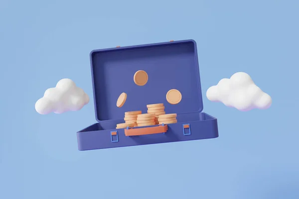 Öffnete Eine Aktentasche Geldstapel Münzen Schwebenden Minimalen Cartoon Stil Auf — Stockfoto