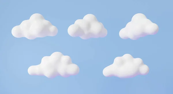 White clouds cute smooth floating on sky blue background. Minimal cartoon fluffy illustration. 3d rendering