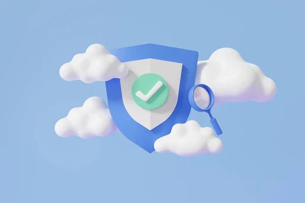 Schutzschild Mit Häkchen Und Suche Sicherheit Internet Wolken Informationen Speichern — Stockfoto