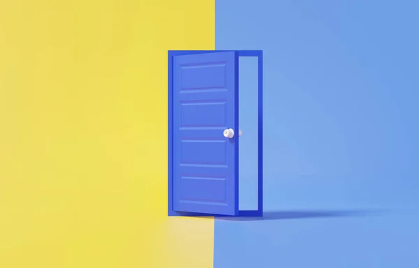Puerta Abierta Sobre Fondo Amarillo Azul Con Libertad Fantasía Concepto —  Fotos de Stock