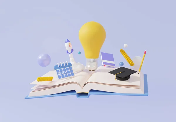 Open Book Startup Idea Spaceship Rocket Learning One Yellow Bulb — Stock Photo, Image