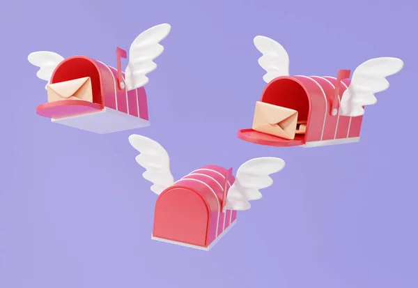 Render Document Delivery Konzept Roter Fliegenflügel Briefkasten Schwimmend Auf Lila — Stockfoto