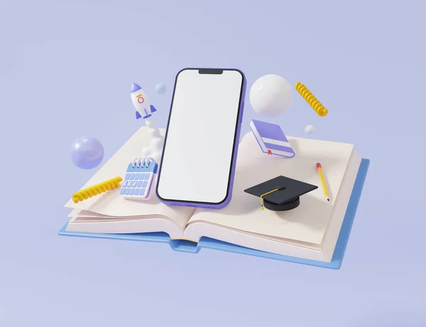 Minimal cartoon graduation cap and open book with smartphone touch white screen writing learning online education concept. on pastel background, spaceship rocket, calendar. 3d rendering
