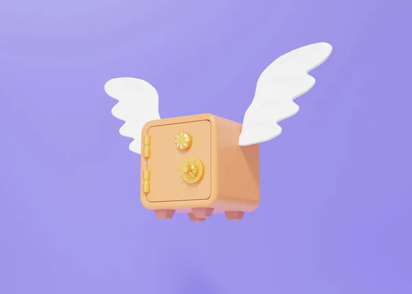 Locker security concept. fly wing safebox with lock floating on purple background. finance saving money investment target, protection, wealth. 3d render illustration