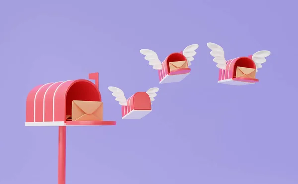 Minimale Cartoon Rode Vliegende Vleugel Postbus Document Levering Concept Drijvend — Stockfoto