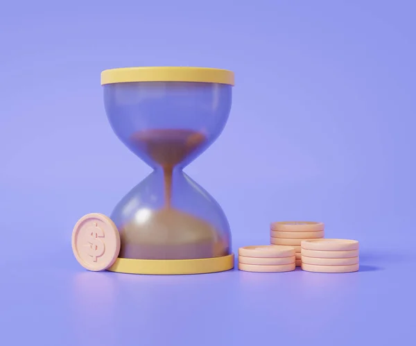 Песочные Часы Стеком Монет Доллар Пастельно Фиолетовом Фоне Концепция Финансового — стоковое фото