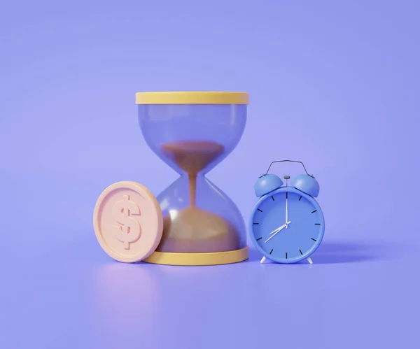 パステルパープルの背景にドルコインと砂時計や目覚まし時計 ビジネス金融投資の概念 昇進のタイマー 3Dレンダリング図 — ストック写真