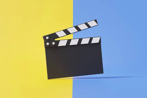 Black movie clapper board icon floating on yellow and blue background with creative video editing concept. cartoon minimal, banner, cinema, copy space, website, 3d render illustration