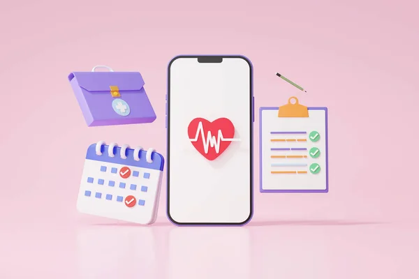 Consultation cardiology online medical via mobile Document personal Checklist on a clipboard paper heart with heartbeat pulse line on pink background. cartoon minimal. 3d render illustration