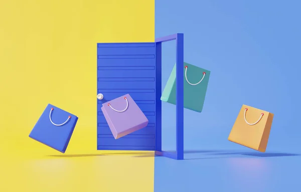 黄色と青の背景に3Dオープンドアのショッピングバッグの入り口を介して浮動小数点です 最小限の漫画のコンセプト プロモーション バナー ウェブサイト 3Dレンダリング図 — ストック写真