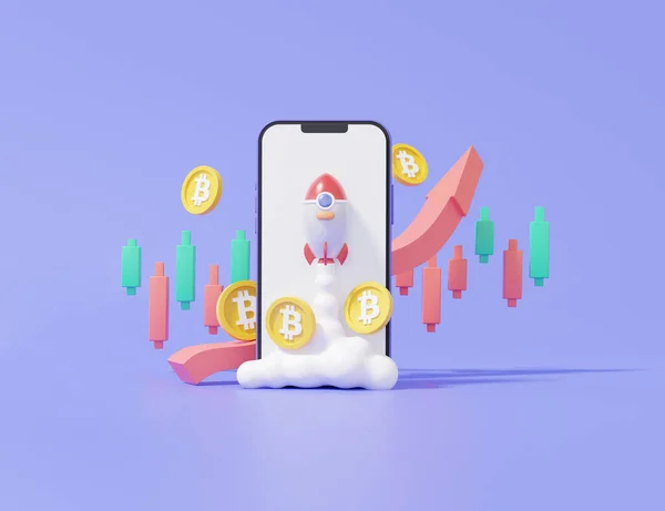 Cryptocurrency Trading Mobile Concept Bitcoin Spaceship Rocket Moon Concept Buy — Stock Photo, Image