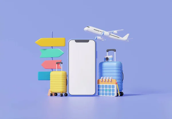 Travel online booking service on mobile suitcase and flight airplane. calendar appointment.Tourism trip planning world tour, leisure touring holiday summer concept. banner. 3d render illustration