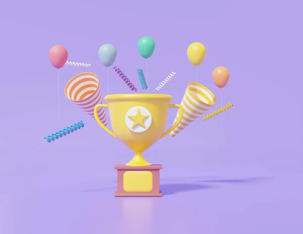 Świętujmy Koncepcję Pierwszego Zwycięzcy Puchar Trofeum Party Popper Kolorowe Baloon — Zdjęcie stockowe