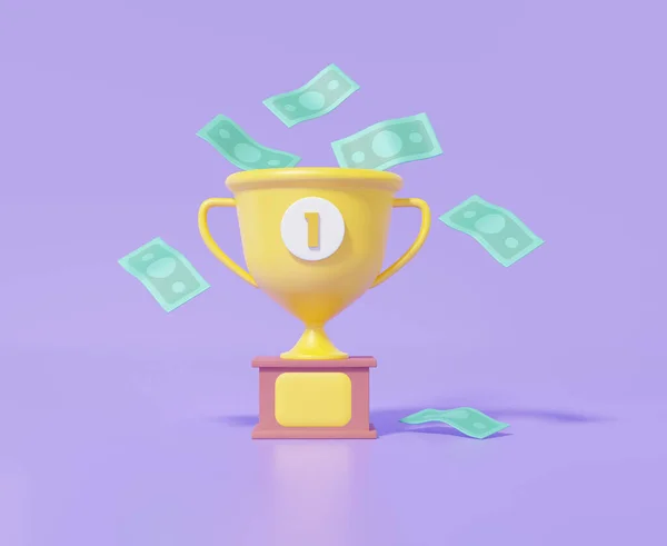 Front trophy cup icon one number with reward money banknote floating on purple background. Cartoon minimal cute smooth. champion 1st winner concept. 3d rendering illustration