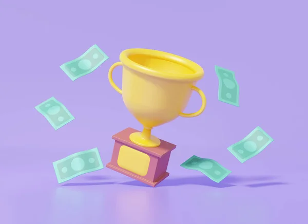 最小漫画トロフィーカップ紙幣ドルの浮動紫色の背景 可愛い セレブチャンピオン1等賞受賞者のコンセプト 3Dレンダリング図 — ストック写真