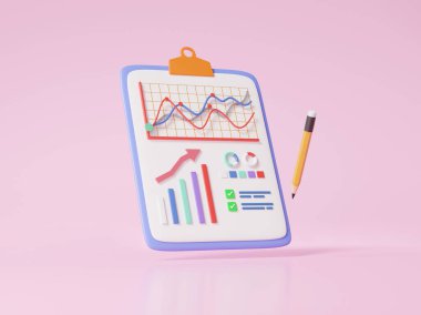 İstatistik büyüme grafiği kağıt kalem pembe arka planda yüzüyor, iş ekonomisi analitiği. maliyet azaltma eğitim konsepti. Kontrol listesi. 3d resimleme