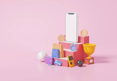 Merdivenlerden, çantadan, çalar saatten, bozuk paralardan, kupadan, cüzdandan ve pembe arka planda kredi kartından online alışveriş yapmak. İndirim, promosyon, satış, afiş, web sitesi. 3d resimleme