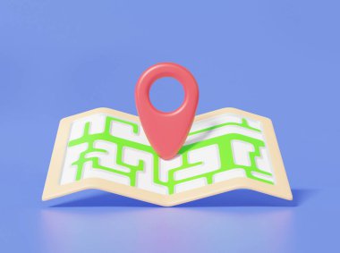 En düşük çizgi film işaretli iğne işaretleyici ve harita konumu GPS, seyahat navigasyon konsepti. Kağıt harita, afiş, ulaşım, pastel arka plan. 3d resimleme