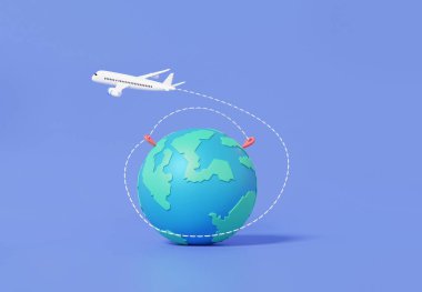 Çizgi film minimumu. Turizm uçağı dünya turu planlarken Mark Haritası Dünya lokasyonunu kullanıyor. Tatil gezisi yaz konsepti. 3d resimleme oranı