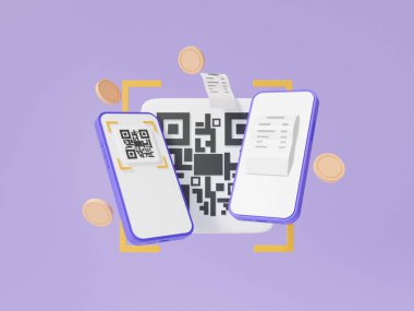 3D render QR kodu mor arka planda yüzen fatura paralı iki cep telefonuyla taranıyor. Para ödemek ya da online ödeme, özel alışveriş konsepti. dijital işlem finansal. resimleme