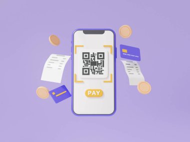 Mor arka planda yüzen fatura parasıyla cep telefonundan QR kodunu tarıyorum. Para ödemek ya da online ödeme, özel alışveriş konsepti. dijital işlem finansal. Minimum çizgi film. 3d oluşturma
