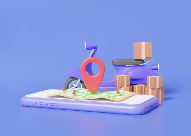 Çevrimiçi teslimat kutuları konsepti. Motosiklet scooter navigasyon cep telefonu pin işaretli konum ve ofis nakliyesi. Mor pastel arka planda harita servisi ekspres bagajı. 3d oluşturma